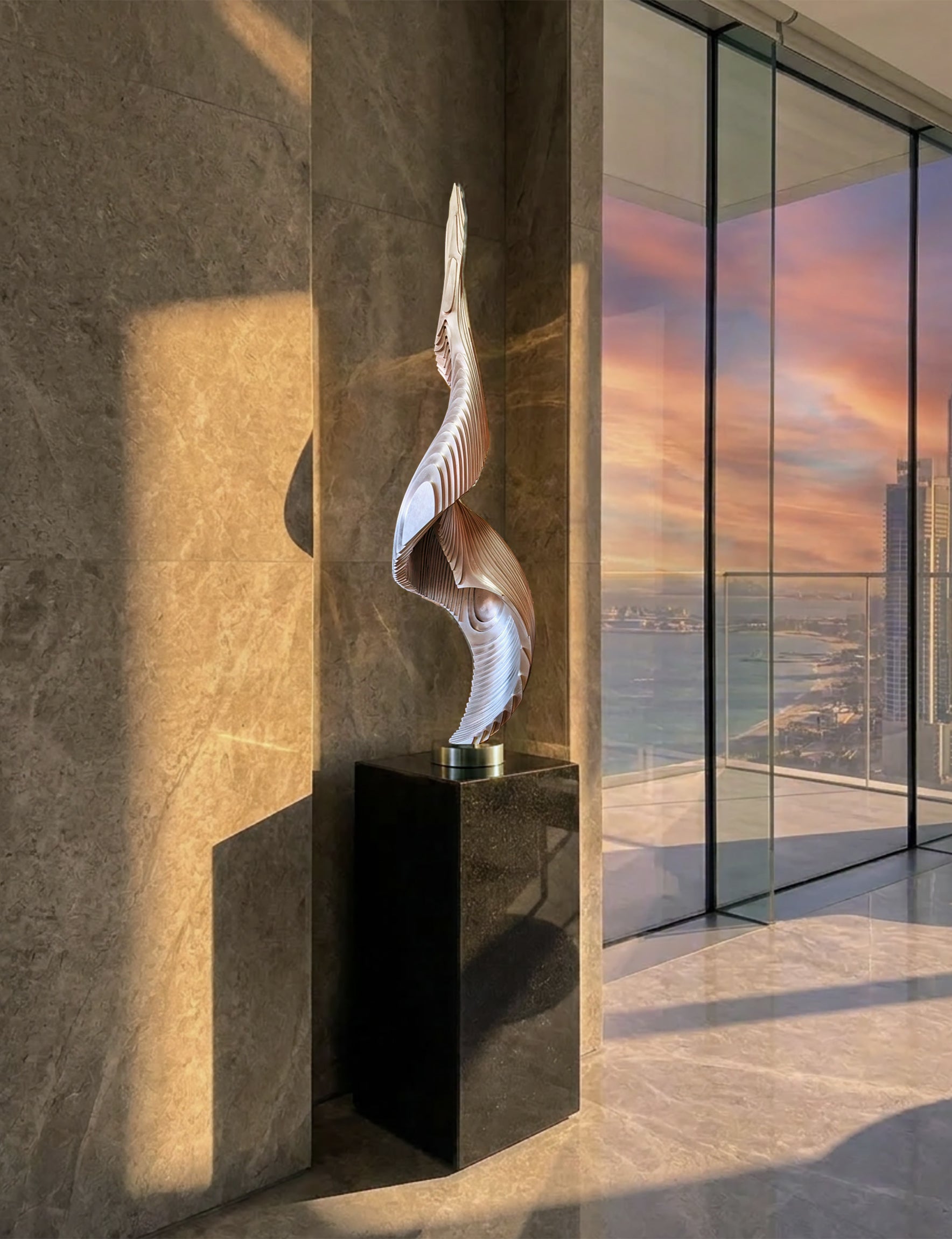 aluminum sculpture at sunset